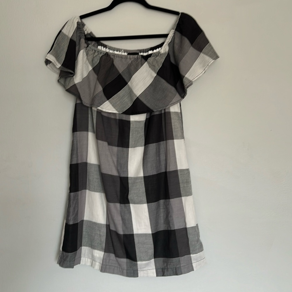 Who What Wear Black & White Plaid Off the Shoulder Dress